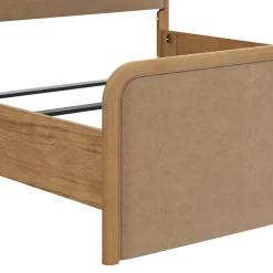 King Rounded Faux Leather Bed Frame with 2 Nightstands Light Brown