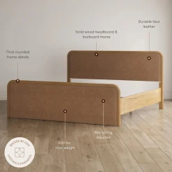King Rounded Faux Leather Bed Frame with 2 Fluted Nightstands with Storage Light Brown