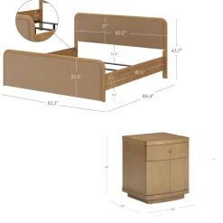 King Rounded Faux Leather Bed Frame with 2 Fluted Nightstands with Storage Light Brown