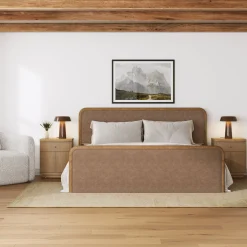 King Rounded Faux Leather Bed Frame with 2 Fluted Nightstands with Storage Light Brown
