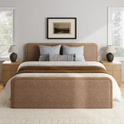 King Rounded Faux Leather Bed Frame with 2 Fluted Nightstands with Storage Light Brown