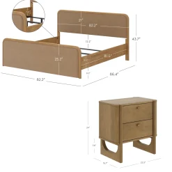 King Rounded Faux Leather Bed Frame with 2 Nightstands Light Brown