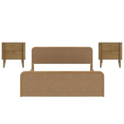 King Rounded Faux Leather Bed Frame with 2 Nightstands Light Brown