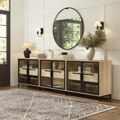 Kitchen Curio Glass Cabinet Credenza with Drawer Light Oak (Set of 3)