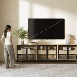 Kitchen Curio Glass Cabinet Credenza with Drawer Light Oak (Set of 3)