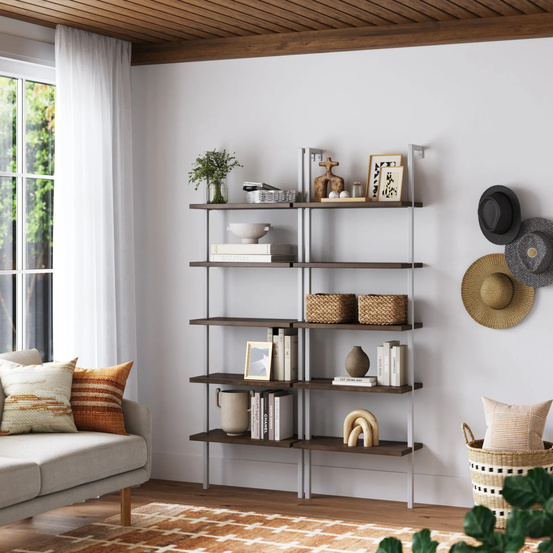 Ladder Bookshelf Oak Matte White Set of 2