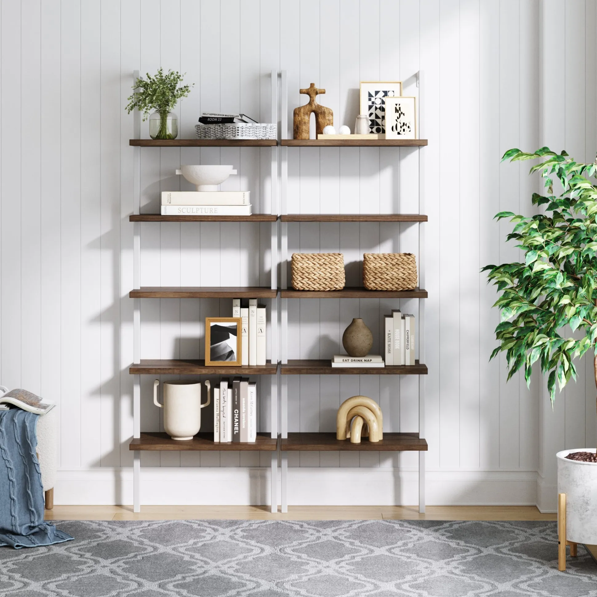 Ladder Bookshelf Oak Matte White Set of 2