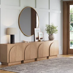 Large Arched TV Console Credenza Oak (Set of 4)