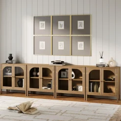 Large Glass Door Curio Cabinet Credenza Brown (Set of 4)