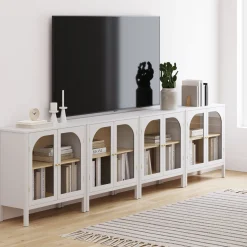 Large Glass Door Curio Cabinet Credenza White (Set of 4)