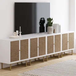Large Rattan Credenza Console Table White (Set of 4)