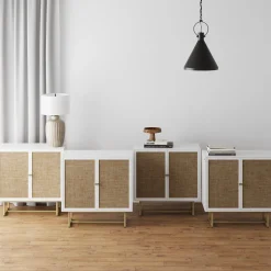 Large Rattan Credenza Console Table White (Set of 4)