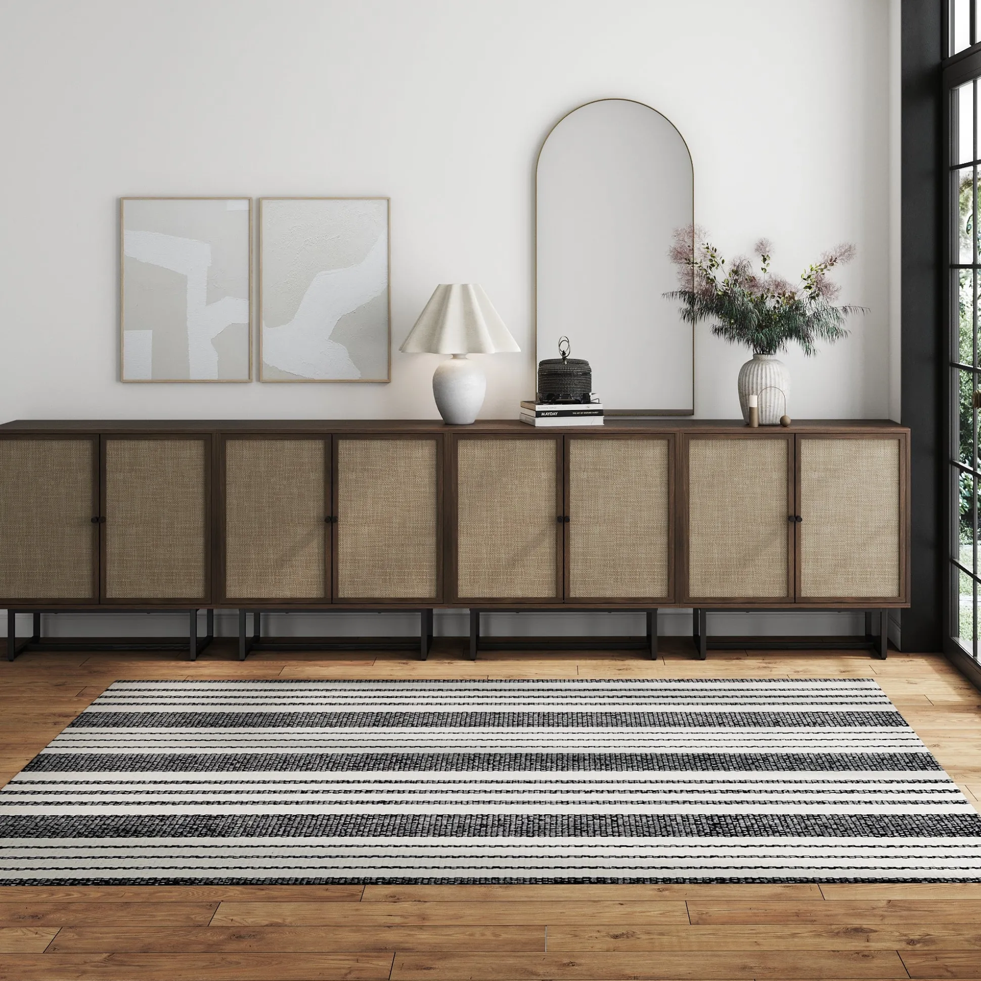 Large Rattan Credenza Console Table Walnut (Set of 4)