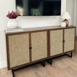 Large Rattan Credenza Console Table Walnut (Set of 4)