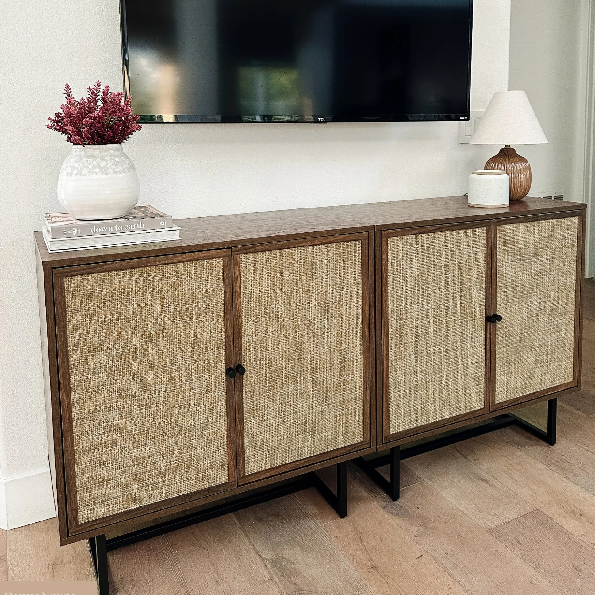 Large Rattan Credenza Console Table Walnut (Set of 4)