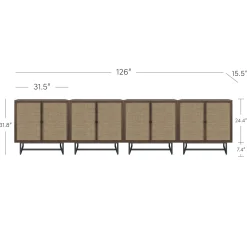 Large Rattan Credenza Console Table Walnut (Set of 4)