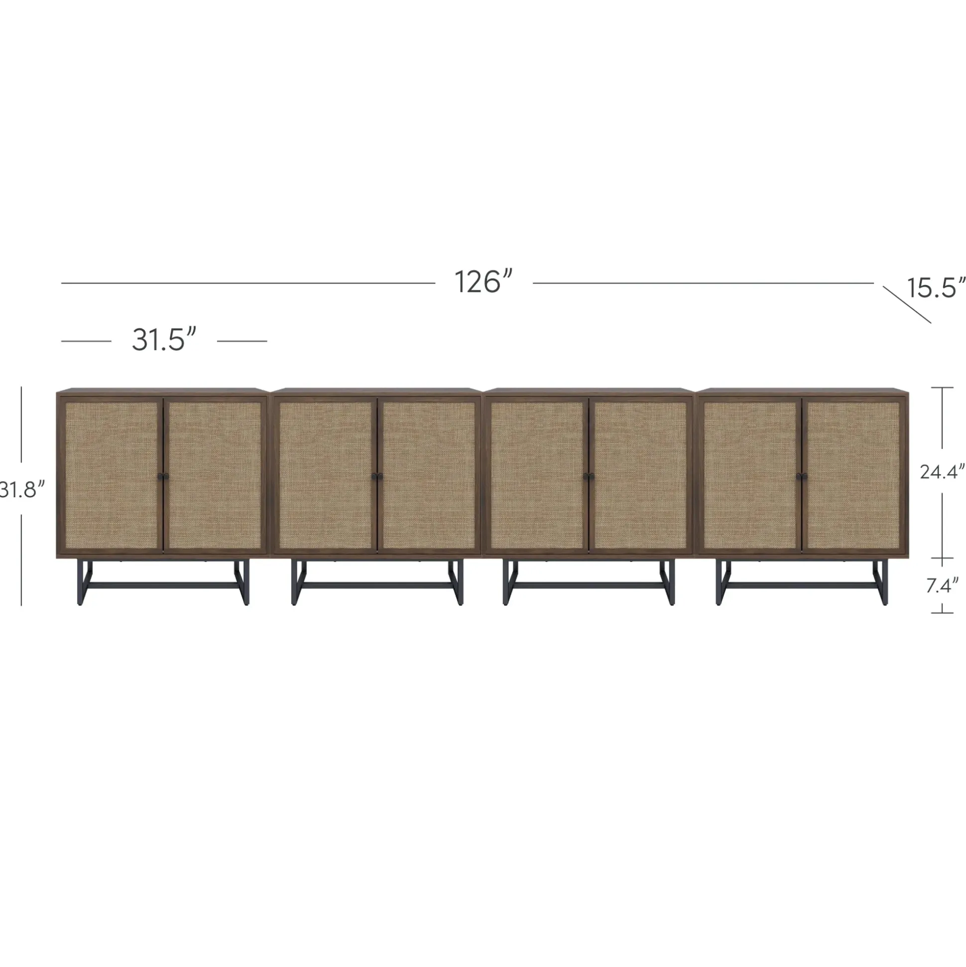 Large Rattan Credenza Console Table Walnut (Set of 4)