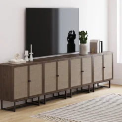 Large Rattan Credenza Console Table Walnut (Set of 4)