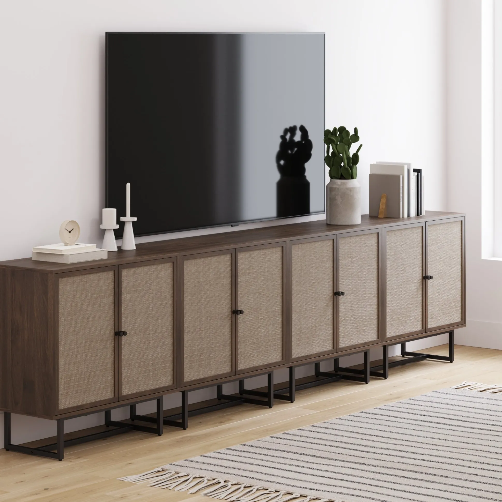 Large Rattan Credenza Console Table Walnut (Set of 4)