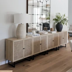 Large Rattan Credenza Console Table Oak (Set of 4)