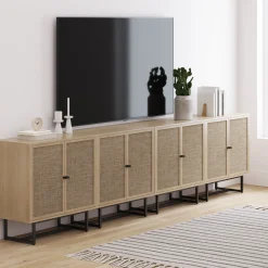 Large Rattan Credenza Console Table Oak (Set of 4)