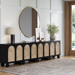 Large Seagrass Arched Storage Cabinet Credenza Black (Set of 4)