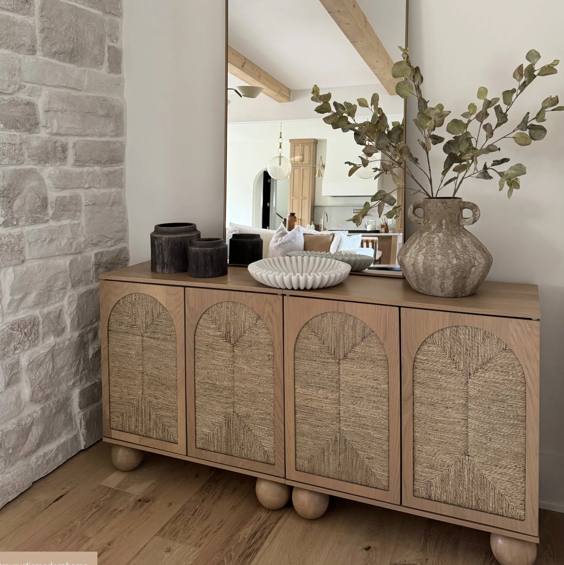 Large Seagrass Arched Storage Cabinet Credenza Raw Oak (Set of 4)