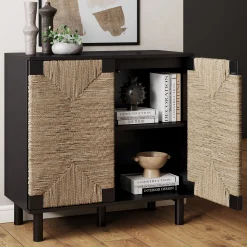 Large Seagrass Storage Cabinet Credenza Black (Set of 4)