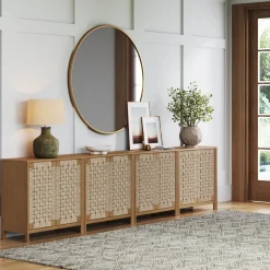 Large Woven Seagrass TV Console Credenza Light Brown (Set of 4)