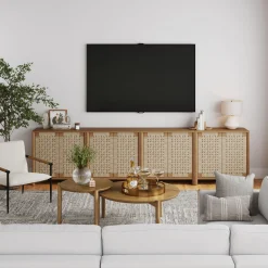 Large Woven Seagrass TV Console Credenza Light Brown (Set of 4)