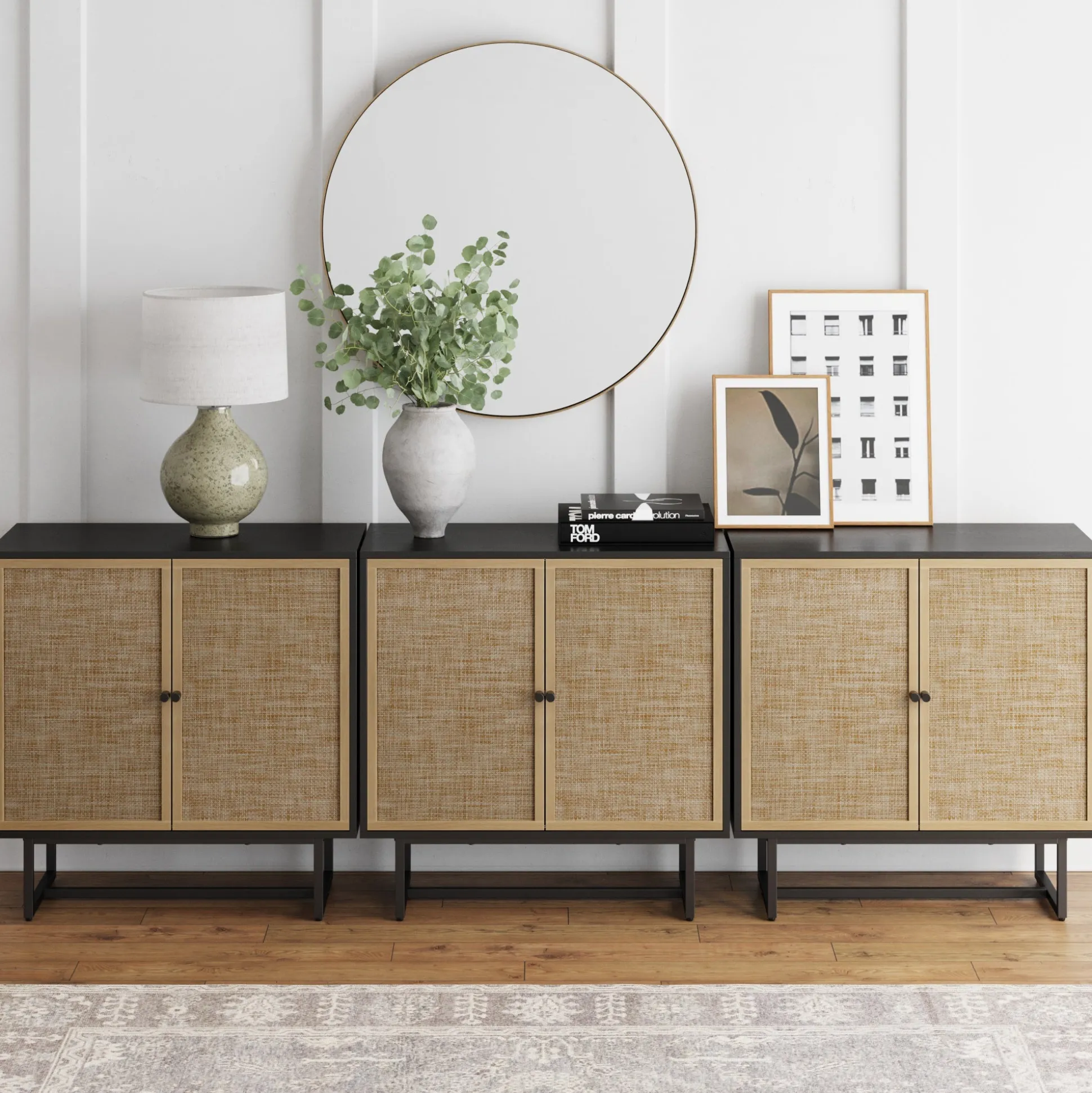 Metal and Rattan TV Stand Console for TVs up to 75" Black Oak