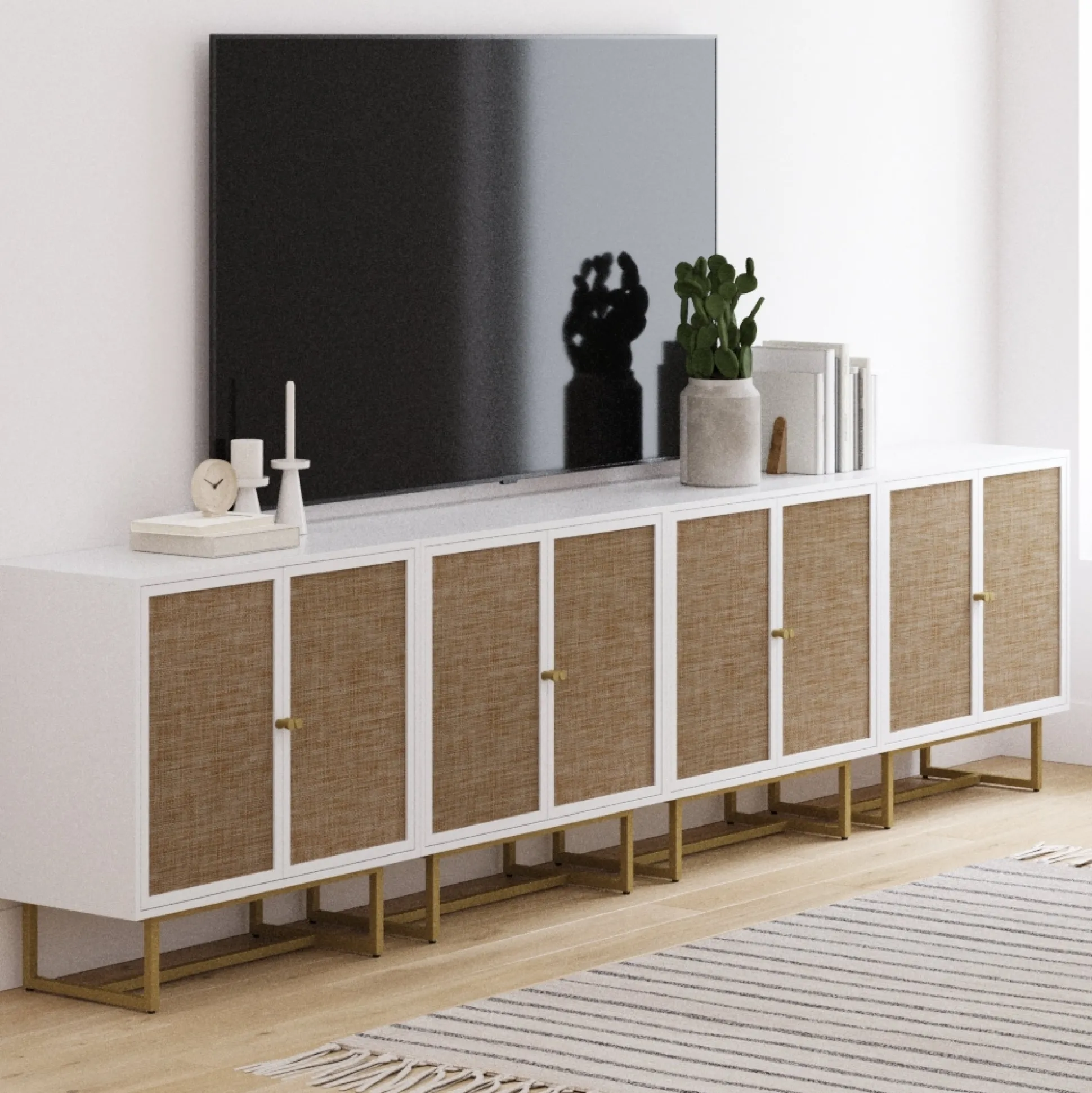 Metal and Rattan TV Stand Console for TVs up to 100" White