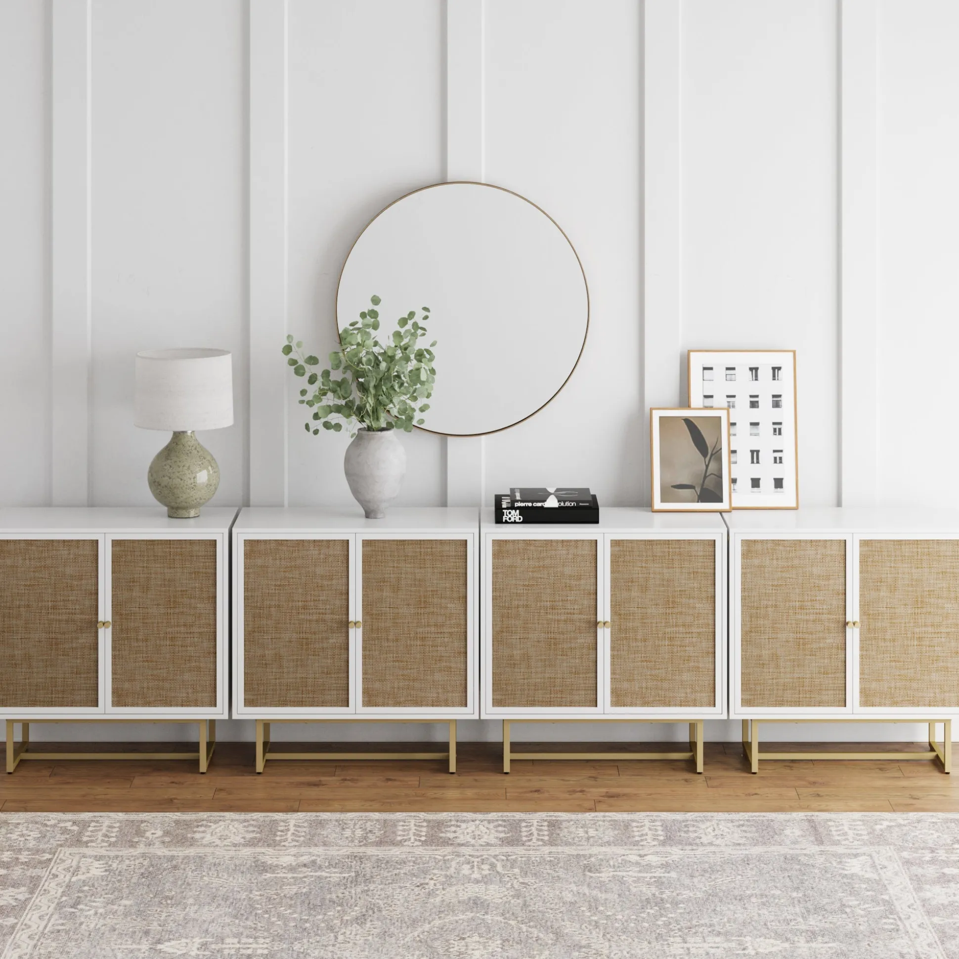 Metal and Rattan TV Stand Console for TVs up to 100" White