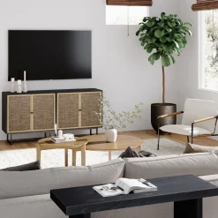 Metal and Rattan TV Stand Console for TVs up to 65