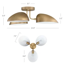 Metal 3-Arm Flush Mount Ceiling Light Brass