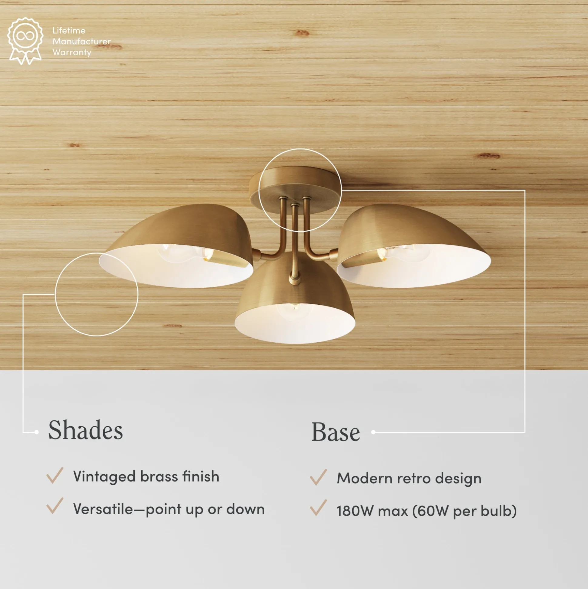 Metal 3-Arm Flush Mount Ceiling Light Brass