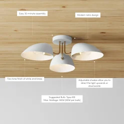 Metal 3-Arm Flush Mount Ceiling Light White (Set of 2)