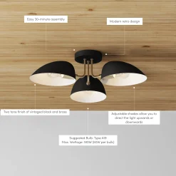Metal 3-Arm Flush Mount Ceiling Light Black (Set of 2)
