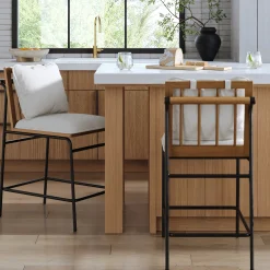 Metal Bar Stool with Cushion and Solid Wood Frame (Set of 2)