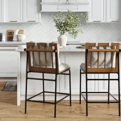 Metal Bar Stool with Cushion and Solid Wood Frame (Set of 2)