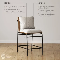 Metal Bar Stool with Cushion and Solid Wood Frame