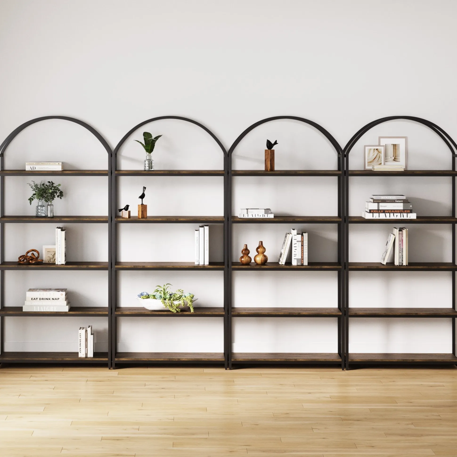 Metal 5-Shelf Arched Bookshelves Black (Set of 4)