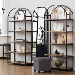 Metal 5-Shelf Arched Bookshelves Oak (Set of 2)