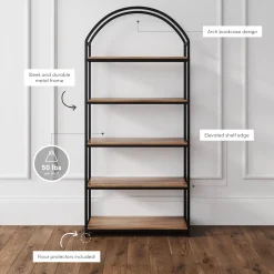 Metal 5-Shelf Arched Bookshelves Oak (Set of 2)
