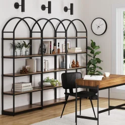 Metal 5-Shelf Arched Bookshelves Oak (Set of 3)