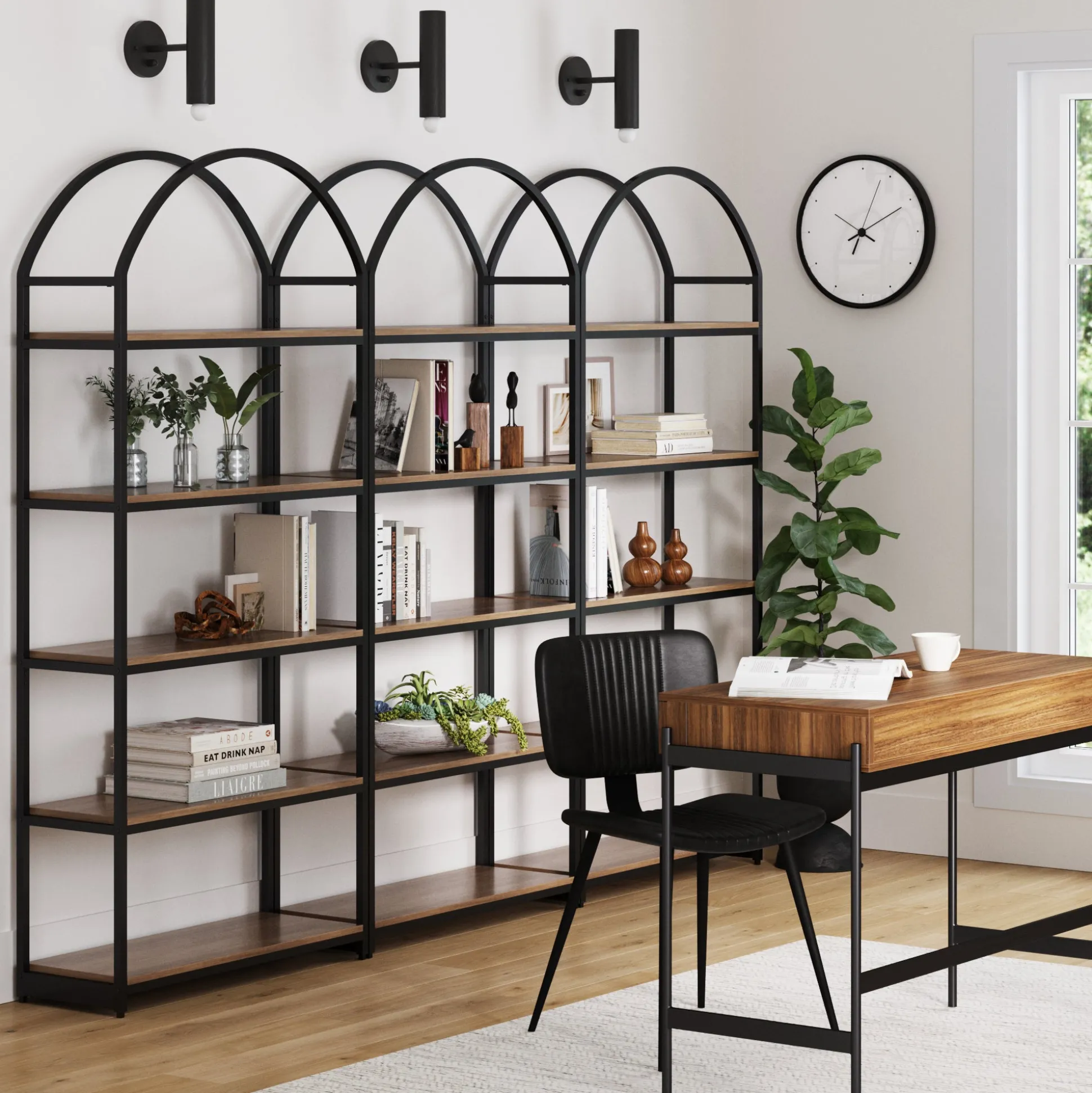 Metal 5-Shelf Arched Bookshelves Oak (Set of 3)