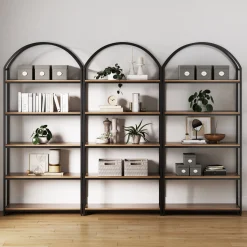 Metal 5-Shelf Arched Bookshelves Oak (Set of 3)