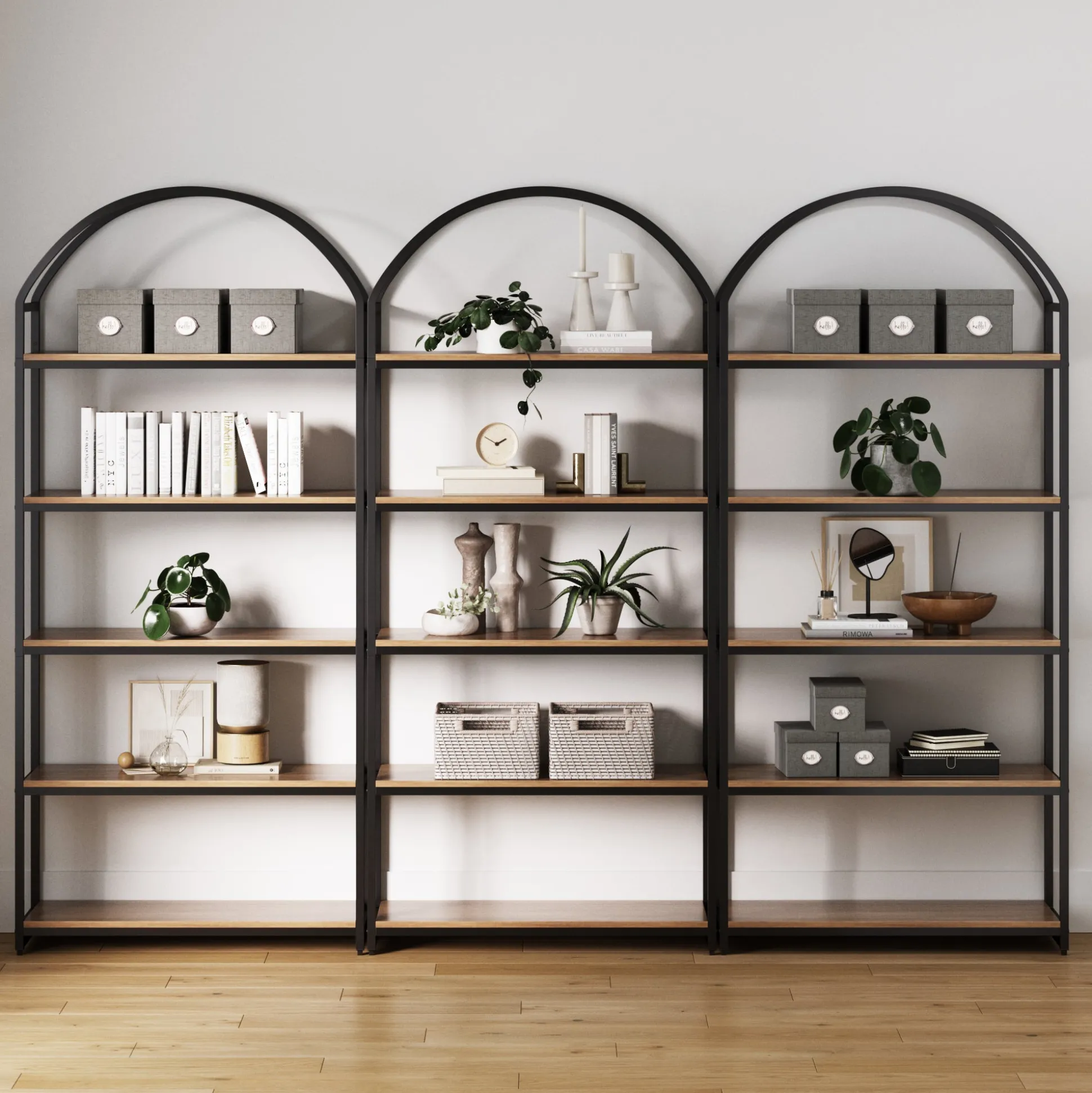 Metal 5-Shelf Arched Bookshelves Oak (Set of 3)