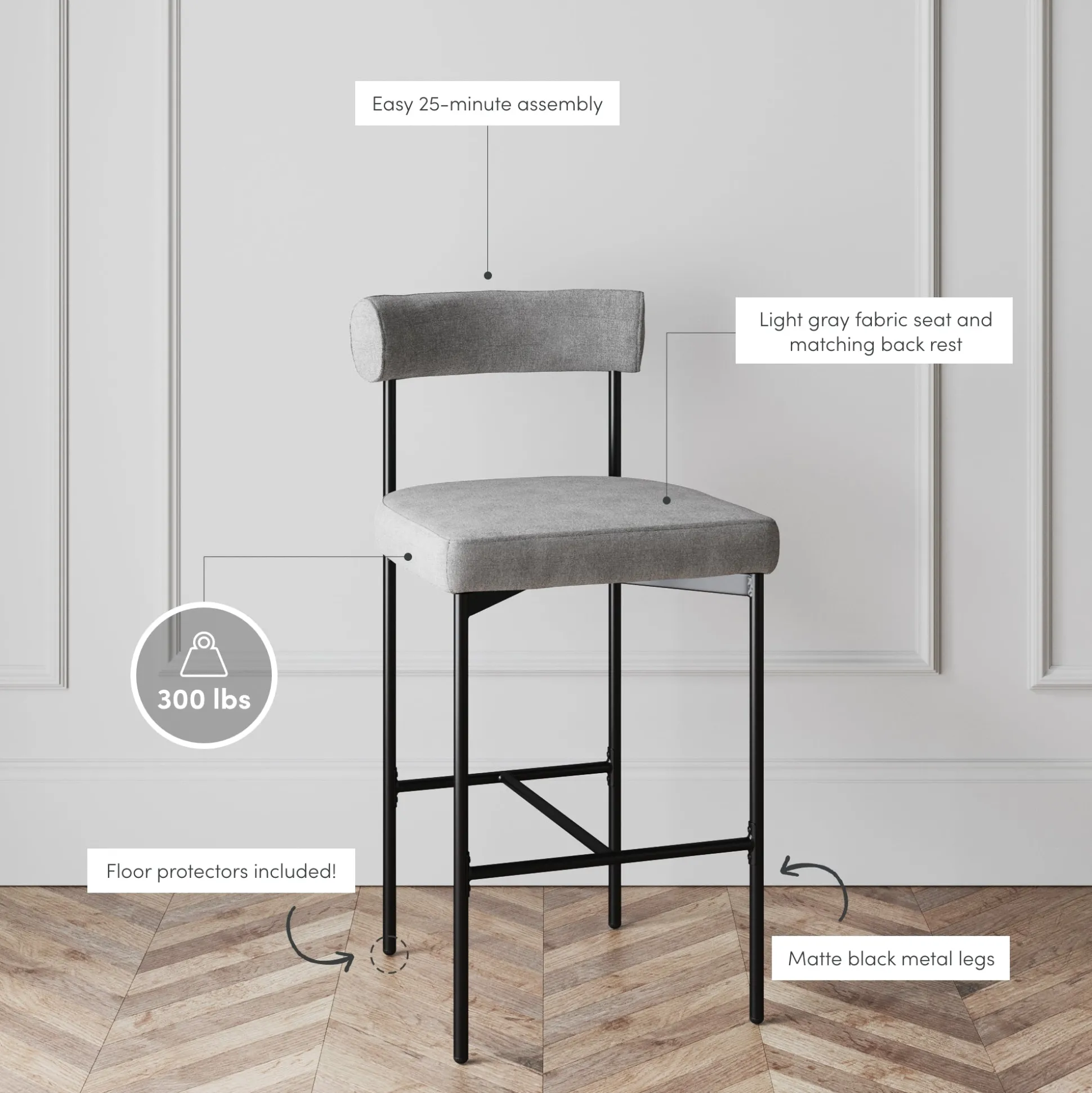 Metal Upholstered Counter Height Bar Stool Gray