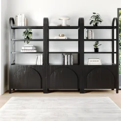 Mid-Century Arched Bookshelves with Doors Black (Set of 3)